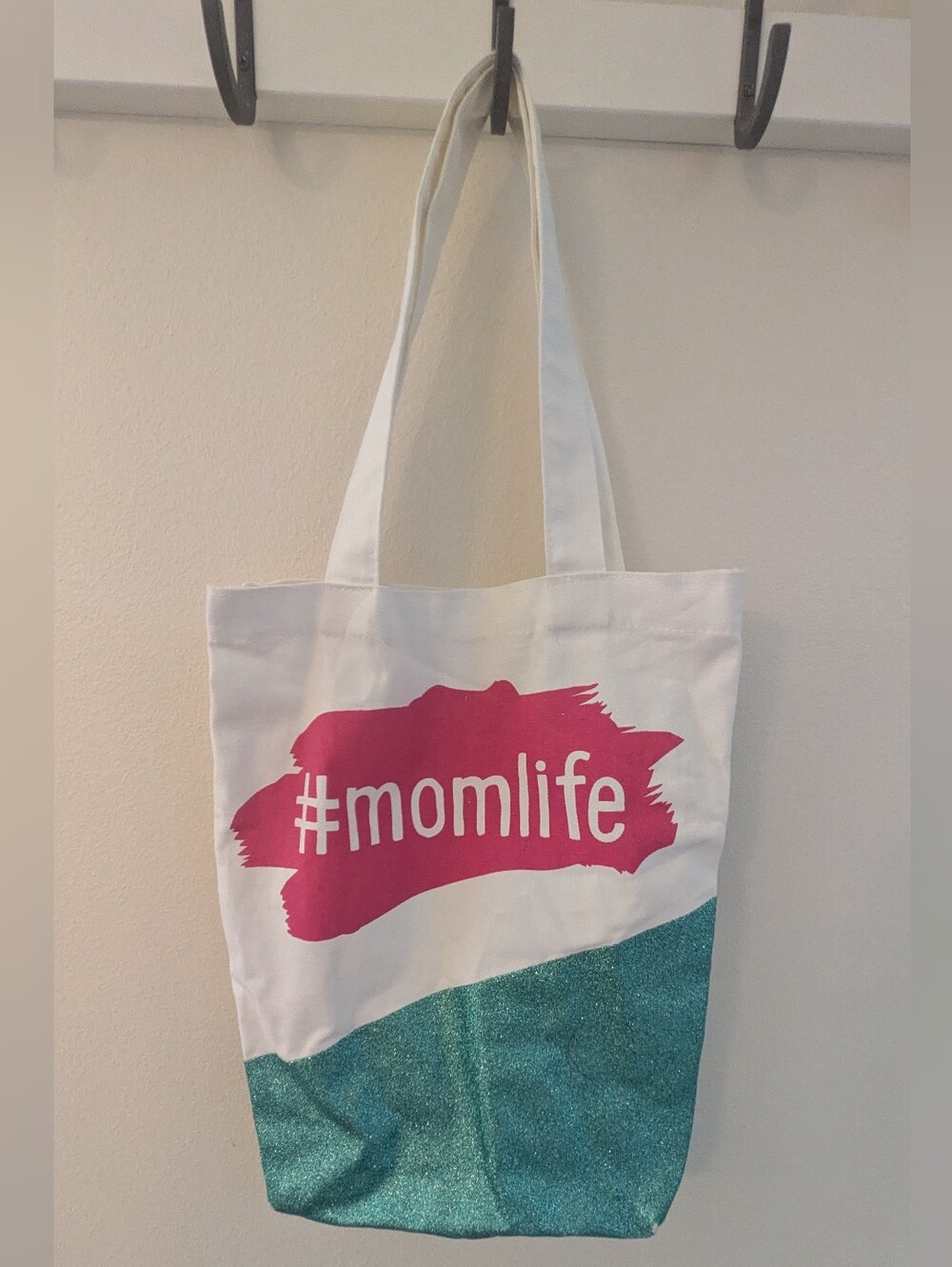 #momlife White Tote‎ Bag with Pink Graphic and Teal Glitter